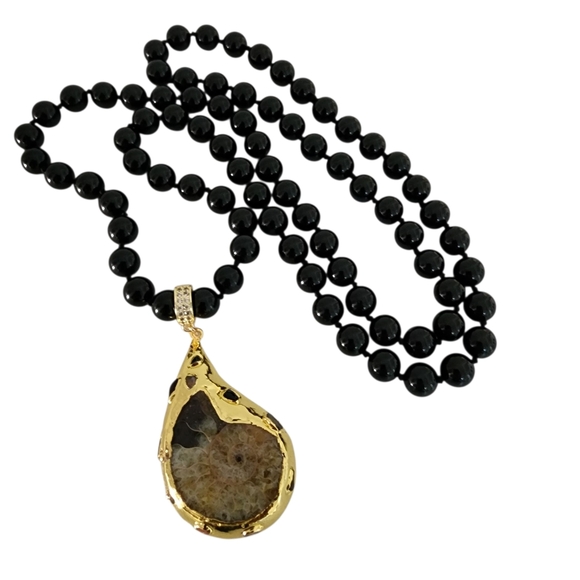 Ammonite Pendant Necklace Hand Knotted Glass Black Beads Handmade Artisan - Picture 1 of 16